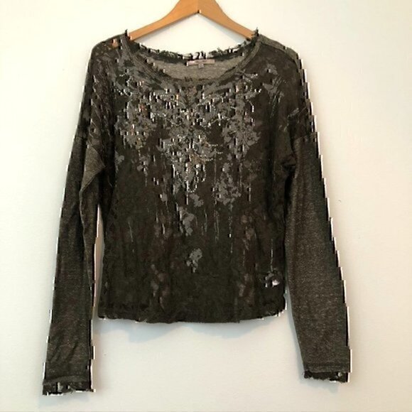 MISS ME Lace Front Sweatshirt Olive Green Pullover Mixed Media Material Crewneck - Picture 2 of 11